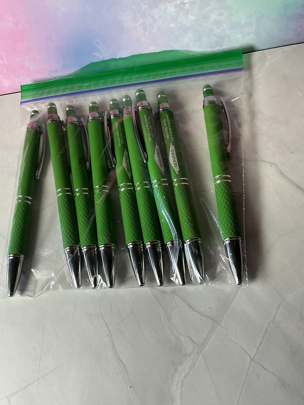 ★ Lot of 9 Green Retractable Click Pens Silver Tone Textured Grip Office School